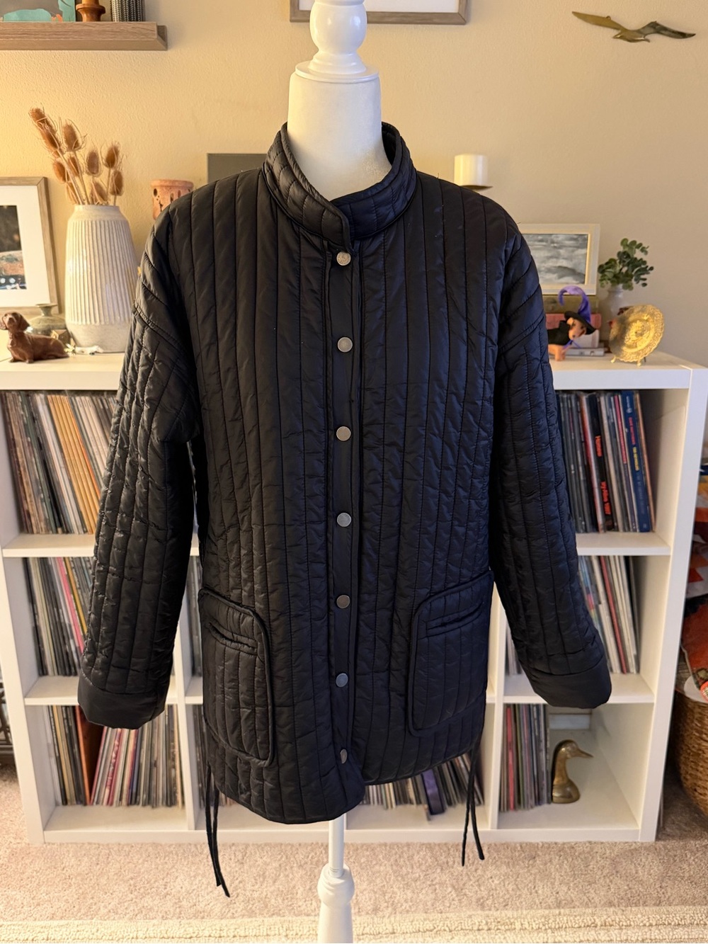 Medium Eileen Fisher Recycled Nylon Stand Collar Quilted Black Puffer Coat